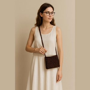 Brown Wood Beaded Women's Woven CrossBody Bag